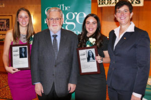 Kaitlin Olmstead RSC ’09, Sage President Chris Ames, Rebecca Marszalek Alarcon RSC ’12 and Athletics Director Sandy Augstein-Collins RSC ’87 at the Athletics Hall of Fame induction ceremony honoring Olmstead and Alarcon.