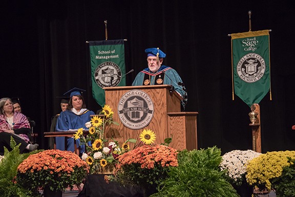 President Ames delivers his inauguration address in October 2017.