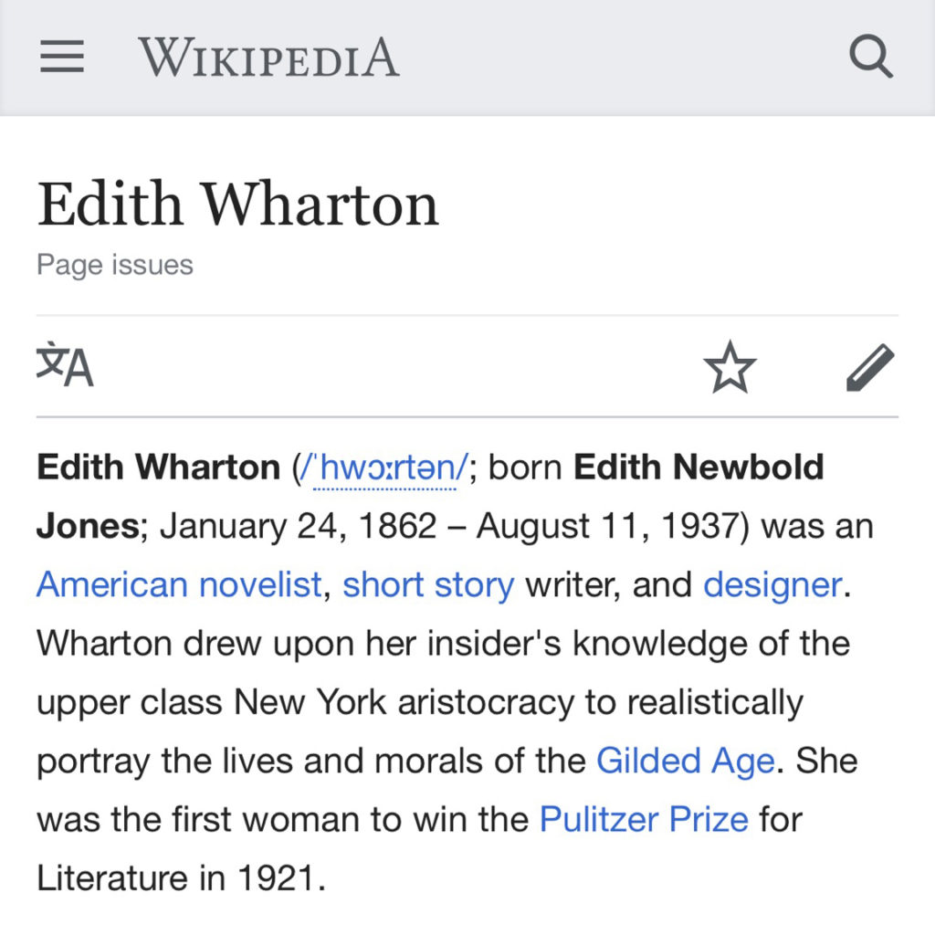 The Edith Wharton Wikipedia article when viewed on an iPhone on October 1, 2018. The words "page issues" under the title is a link to a message that states, “This article needs additional citations for verification.”