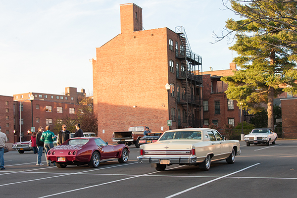 1970s and 80s era cars on campus for the filming of James Franco’s The Pretenders in November 2016.