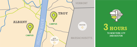 Russell Sage Colleges campus locations: Albany and Troy, New York. Three hours from New York City and Boston