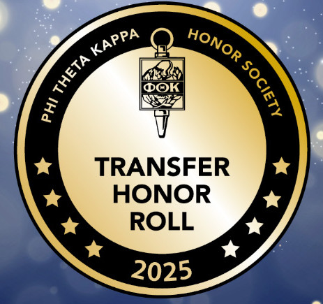 Phi Theta Kappa Transfer Honor Roll 2025 emblem with the text "We Made the List!" against a blue background.