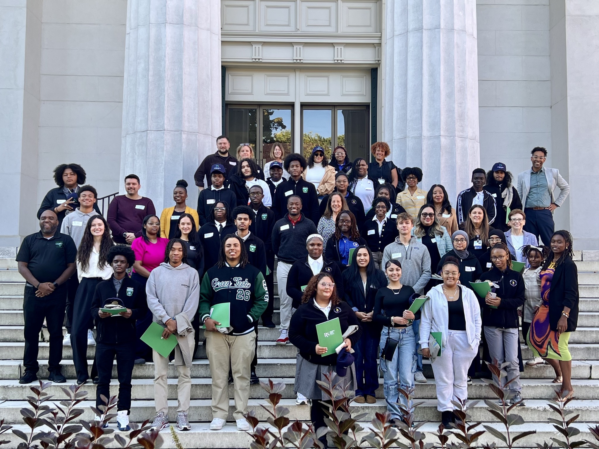 Large group of ICAN students and mentors stand on the steps of Bush Memorial at Russell Sage College in Troy, N.Y.