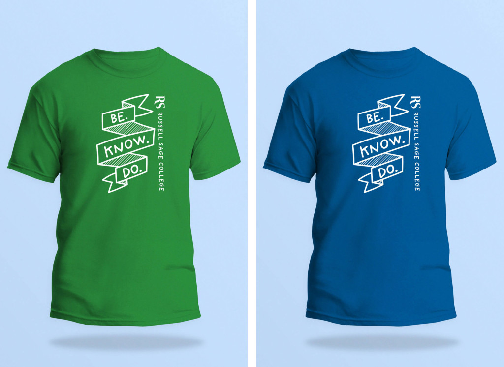 two Russell Sage t-shirts, a green shirt and a blue shirt with Be. Know. Do. Text on a ribbon