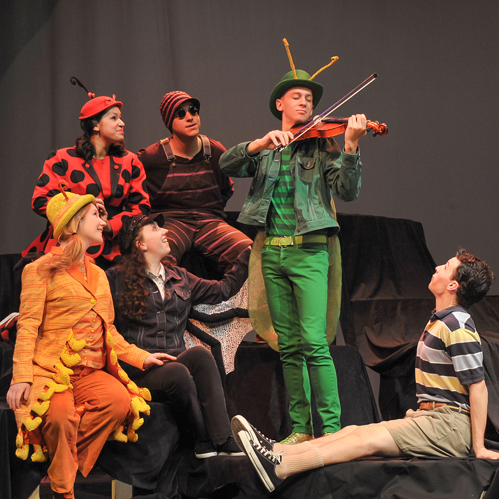 People in colorful insect-themed costumes on stage, one playing a violin.