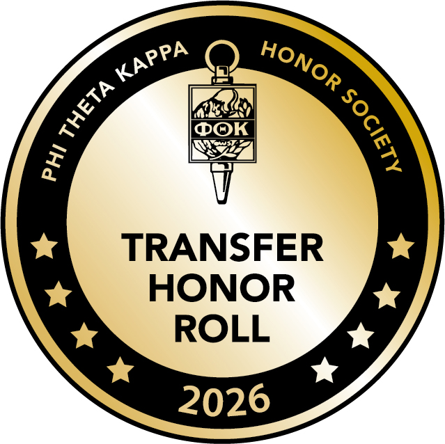 gold seal with black trim and the words Phi Theta Kappa Transfer Honor Roll 2026