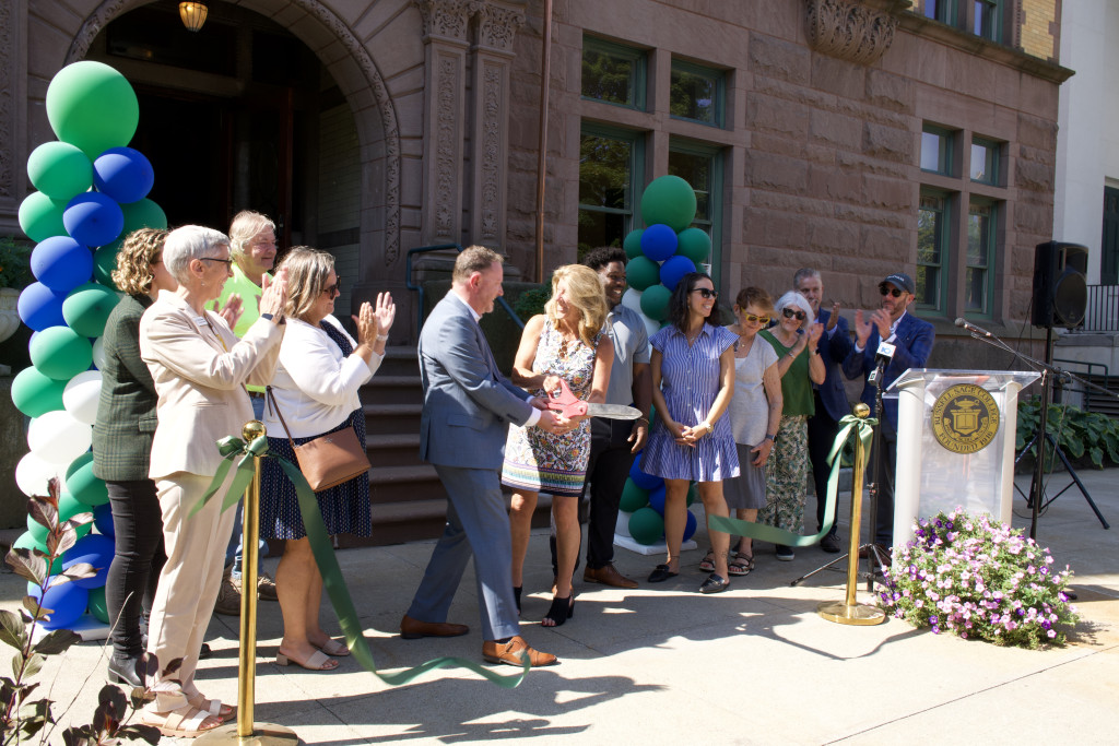 Sage Hall Renovation Ribbon Cutting Ceremony, moment after ribbon is cut