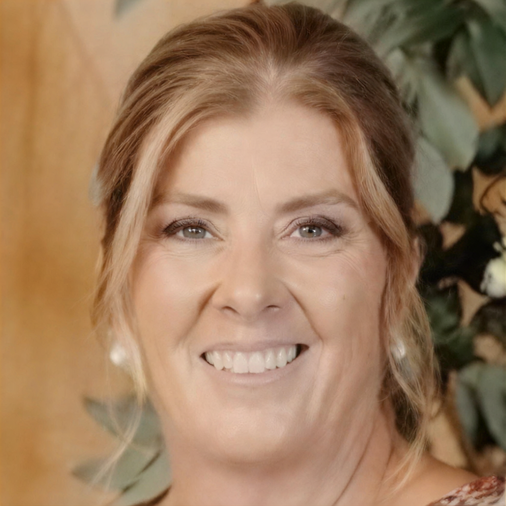 Smiling adult with reddish-brown hair posed in front of a floral arrangement
