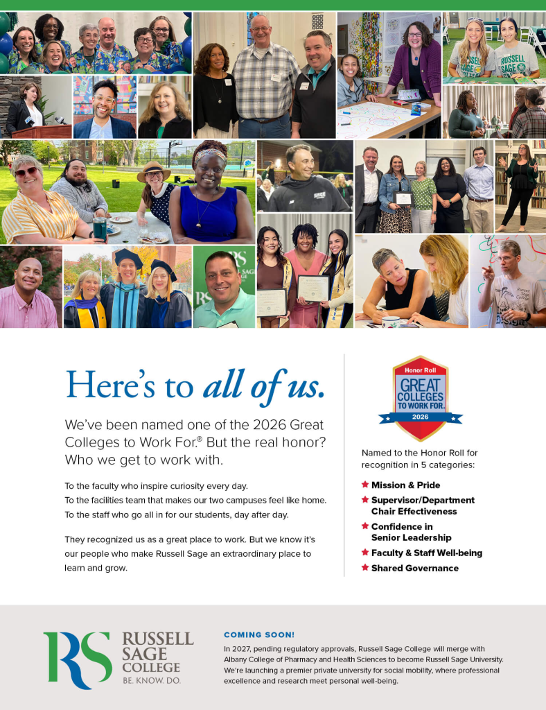 Russell Sage College promotional collage featuring photos of its community, a 2026 Great Colleges to Work For Honor Roll announcement, and information about its planned 2027 transition to Russell Sage University.