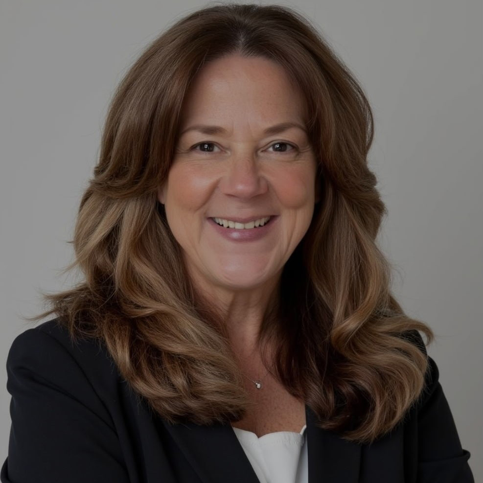 Portrait of a smiling woman with long brown hair wearing a black blazer and white blouse.