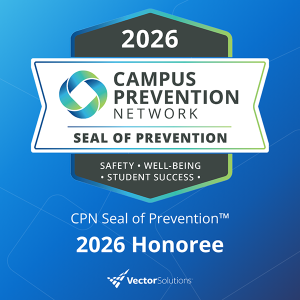 Graphic recognizing a 2026 Campus Prevention Network Seal of Prevention honoree, emphasizing safety, well-being, and student success.