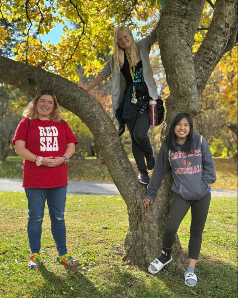 The College Experience, Sammy Gillian and Grace photographed outside at a tree